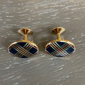 Oval Gold Tone Cuff Links, Navy with Green & Maroon